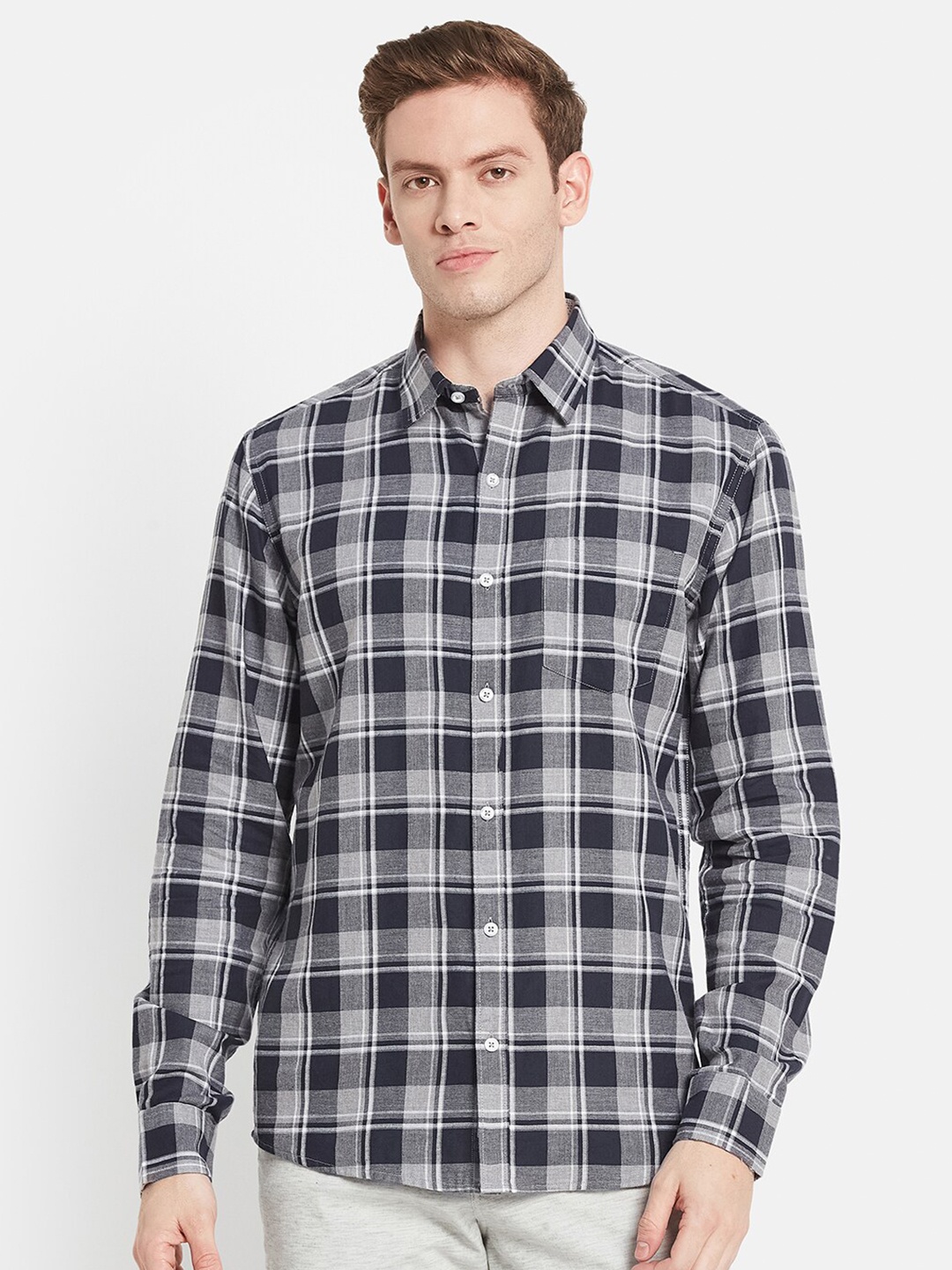 

METTLE Men Regular Fit Tartan Checked Cotton Casual Shirt, Grey