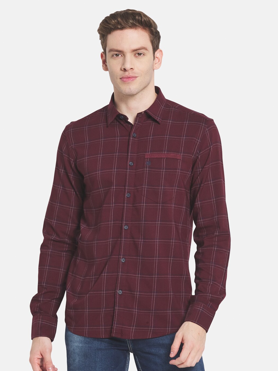 

METTLE Men Regular Fit Windowpane Checked Cotton Casual Shirt, Maroon