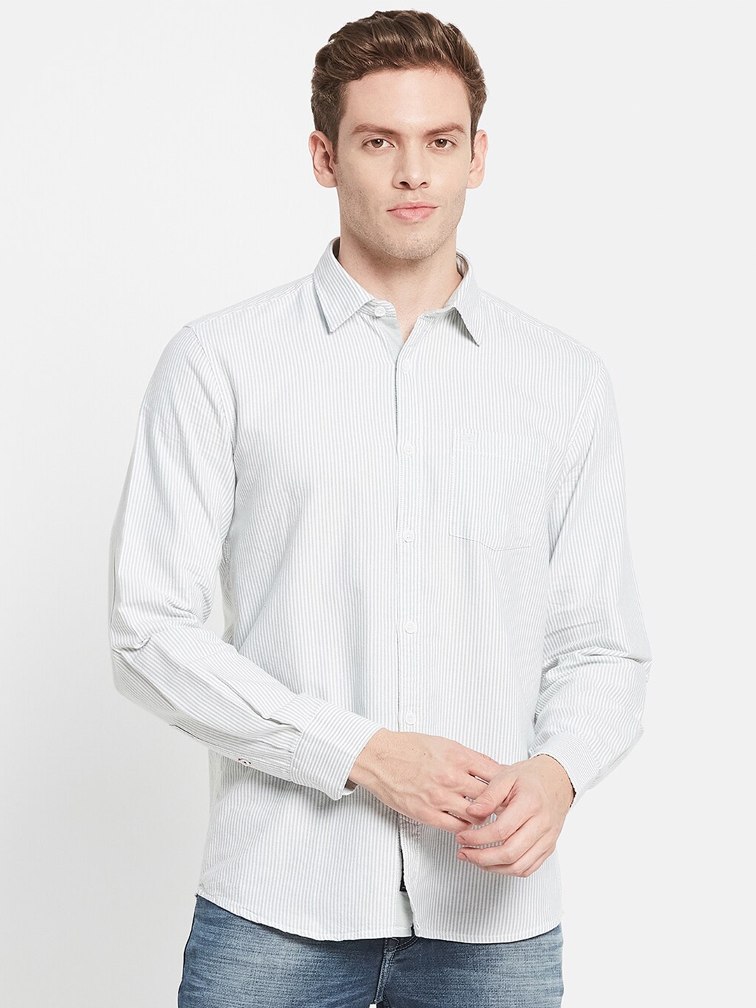 

METTLE Men Regular Fit Striped Cotton Casual Shirt, White