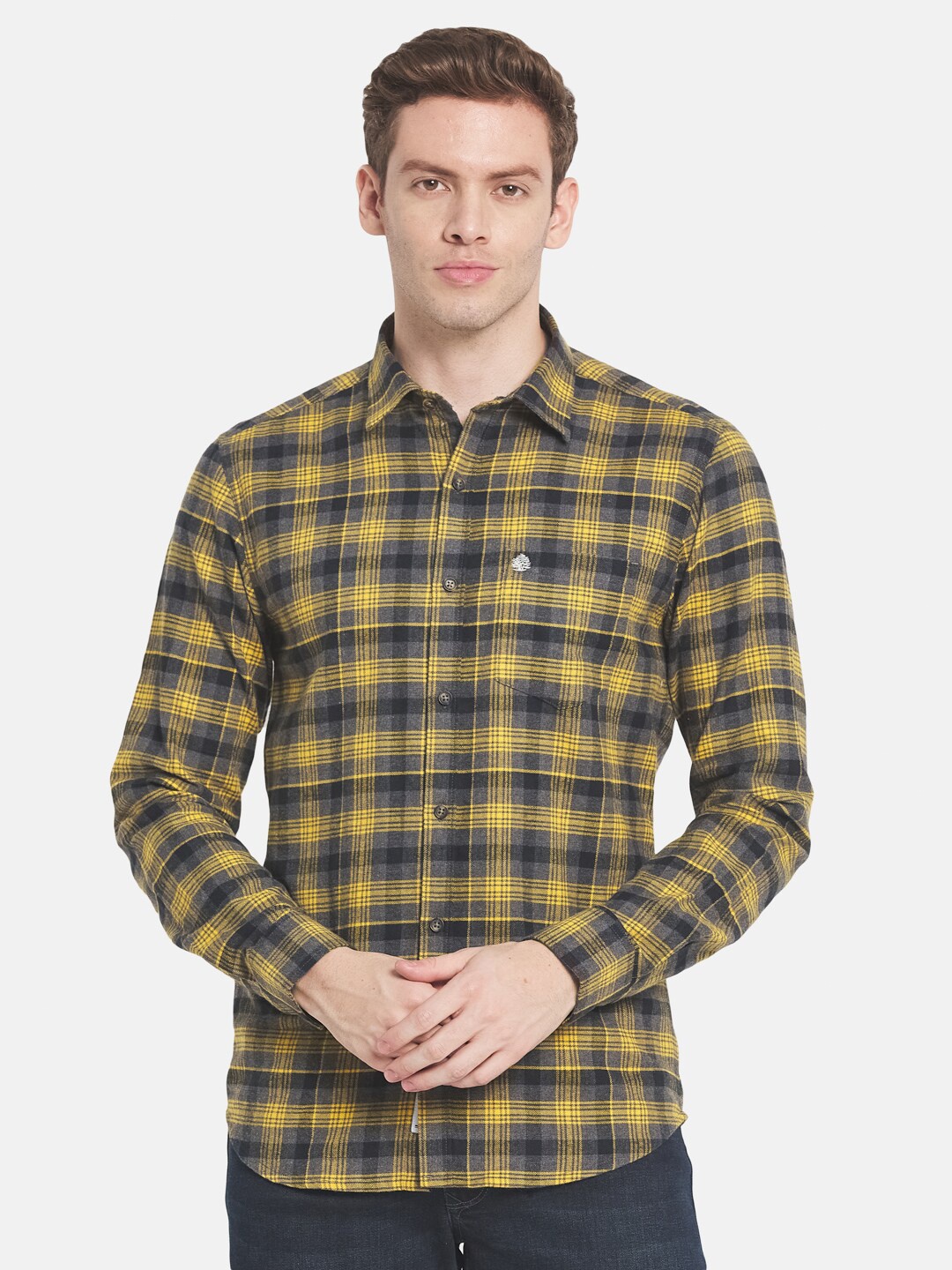 

METTLE Men Regular Fit Tartan Checked Cotton Casual Shirt, Yellow