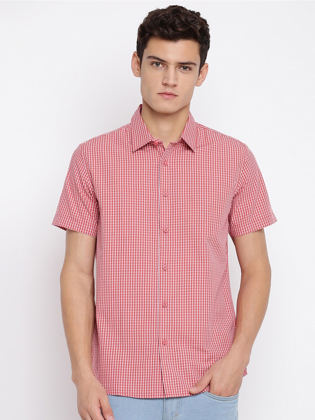 

abof Men Slim Fit Gingham Checked Casual Shirt, Pink