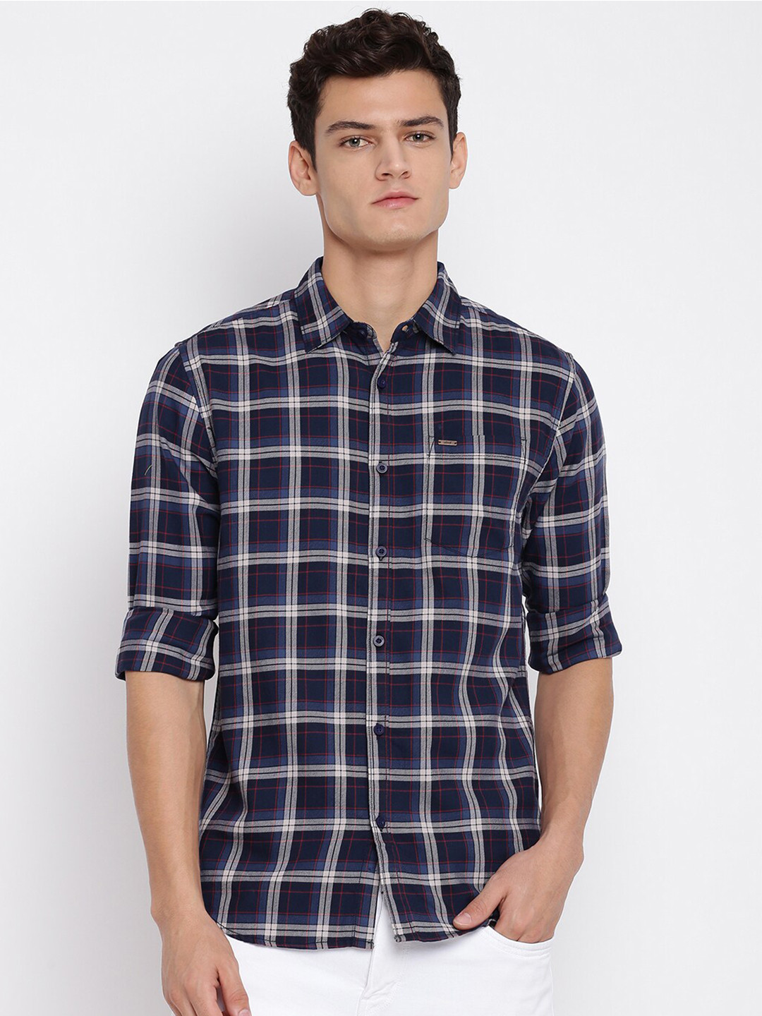 

abof Men Slim Fit Tartan Checked Casual Shirt, Navy blue
