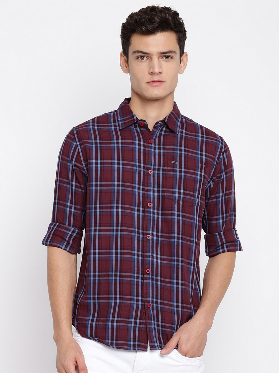 

abof Men Slim Fit Tartan Checked Casual Shirt, Burgundy