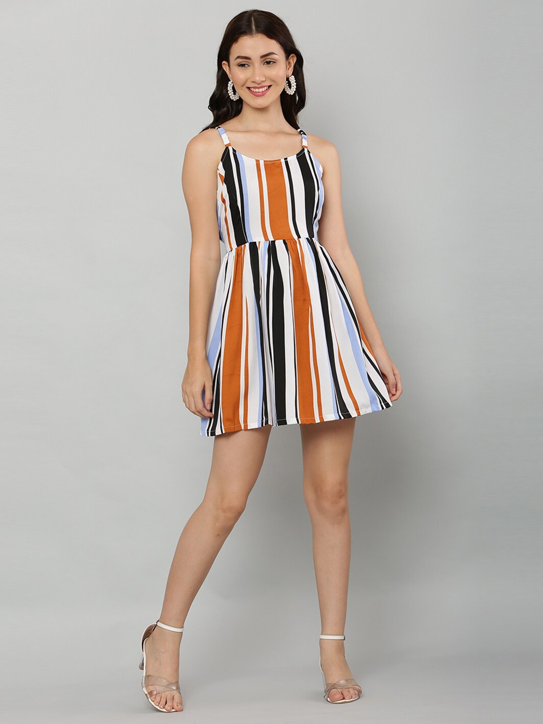 

EZIS FASHION White & Rust Striped Dress