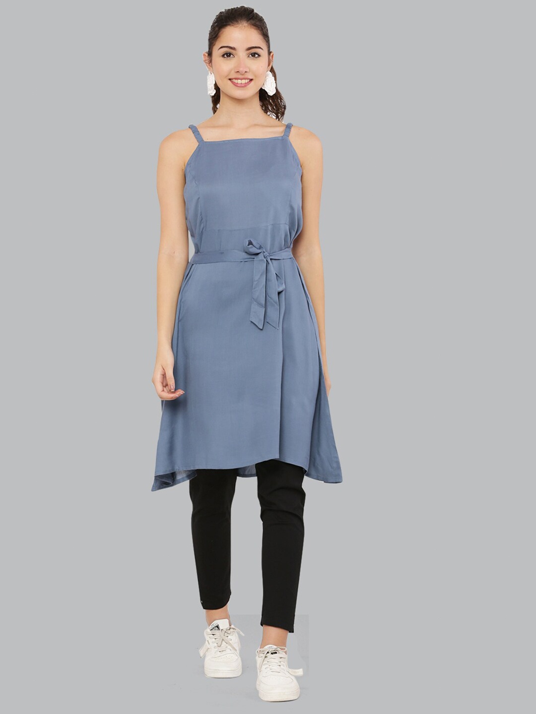

EZIS FASHION Women Grey Solid Viscose Rayon Fit and Flare Dress