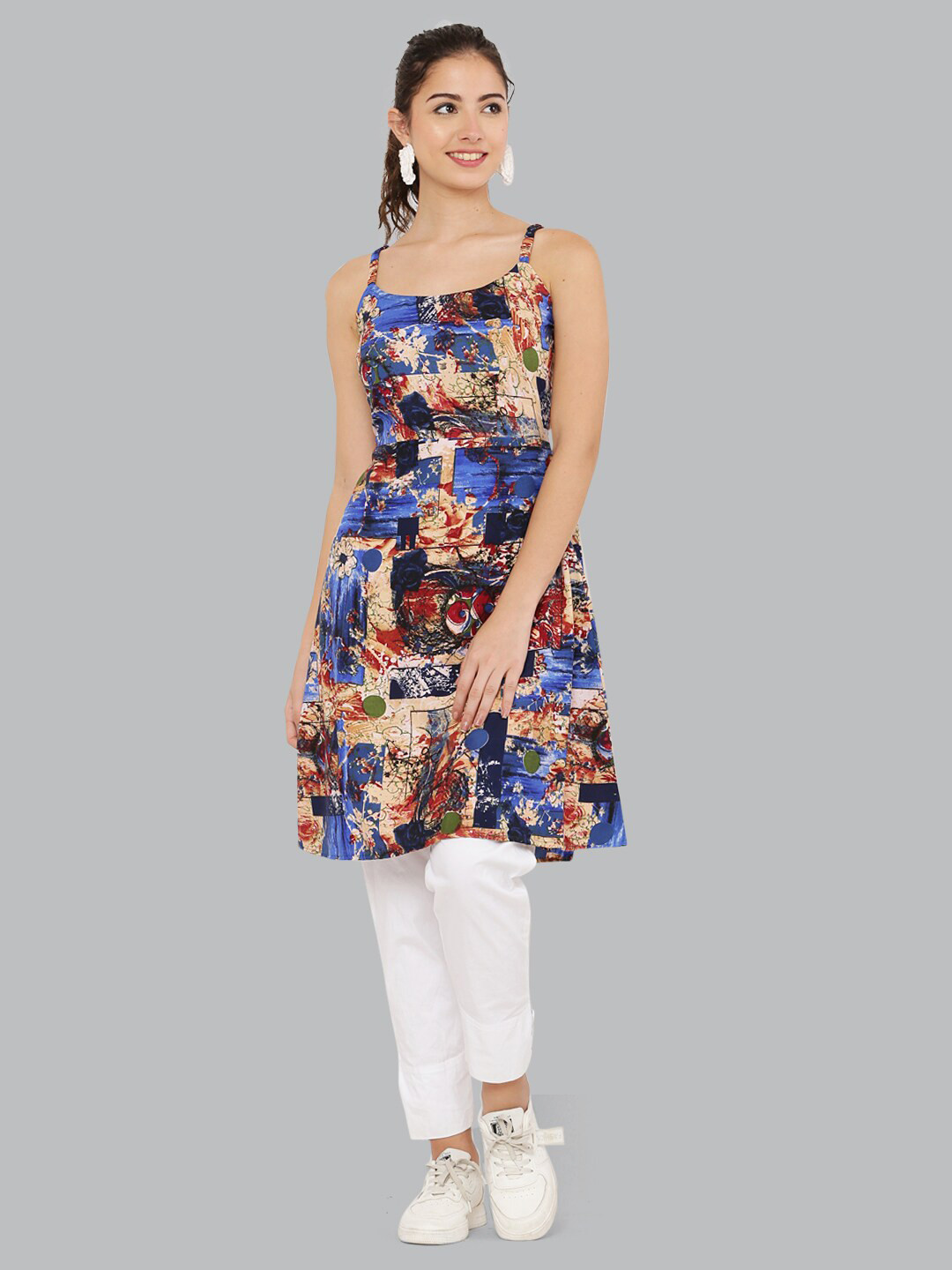 

EZIS FASHION Blue & Beige Printed A-Line Dress