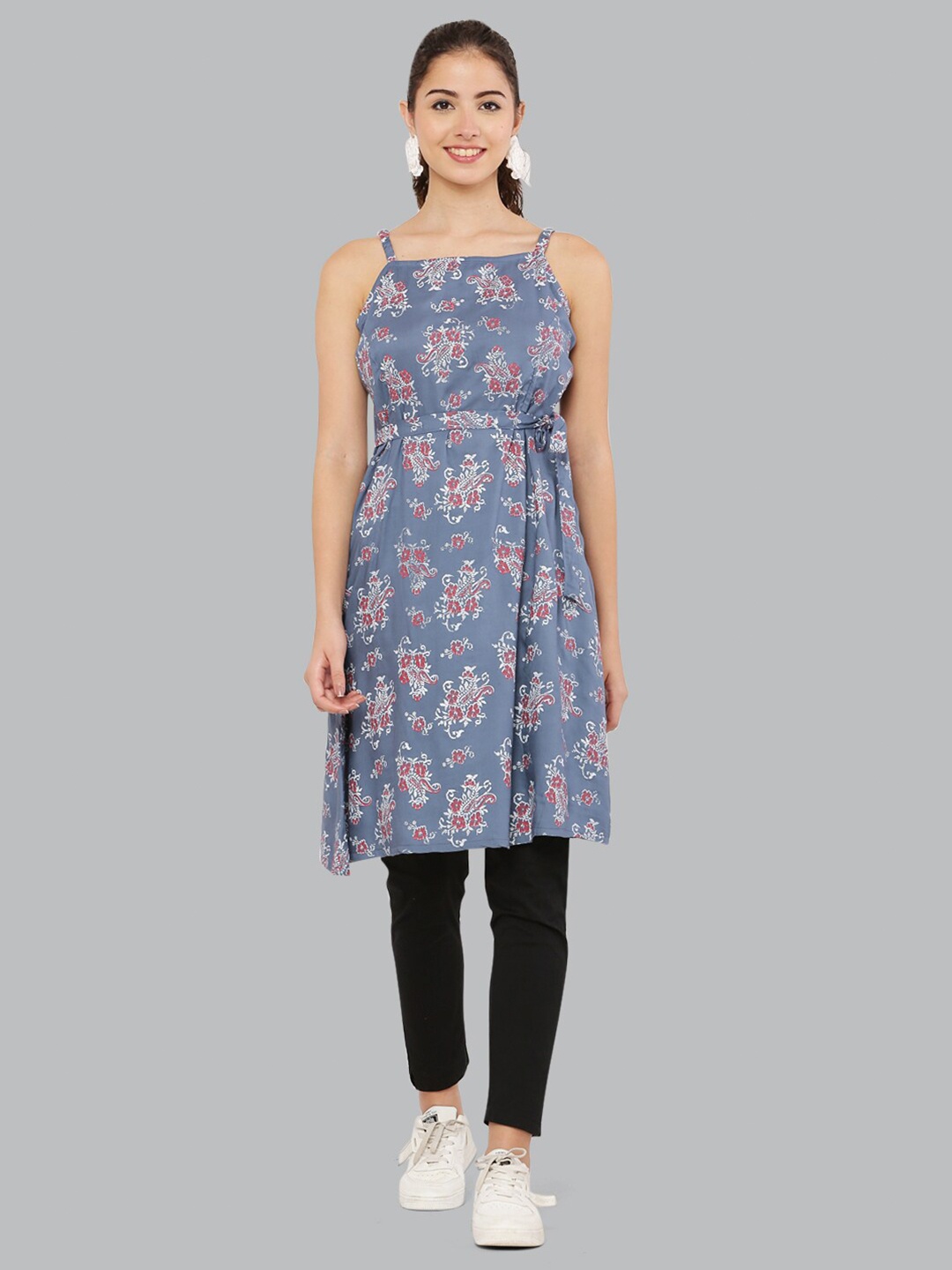 

EZIS FASHION Grey Ethnic Motifs Printed Square Neck Kurti