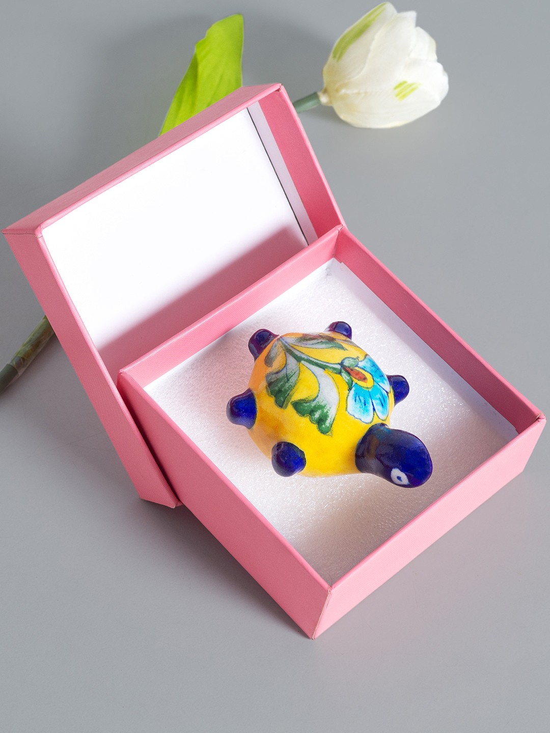 

Golden Peacock Yellow & Blue Hand Painted Pottery Ceramic Tortoise Showpiece