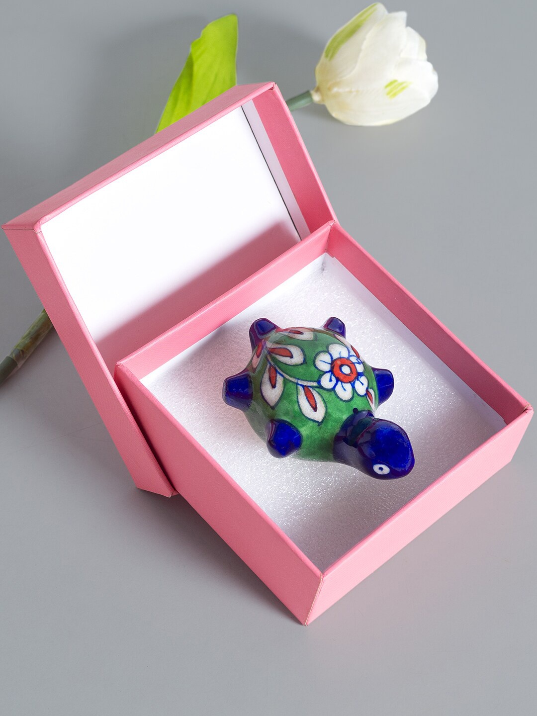 

Golden Peacock Blue & Green Hand Painted Ceramic Tortoise Decorative Showpiece