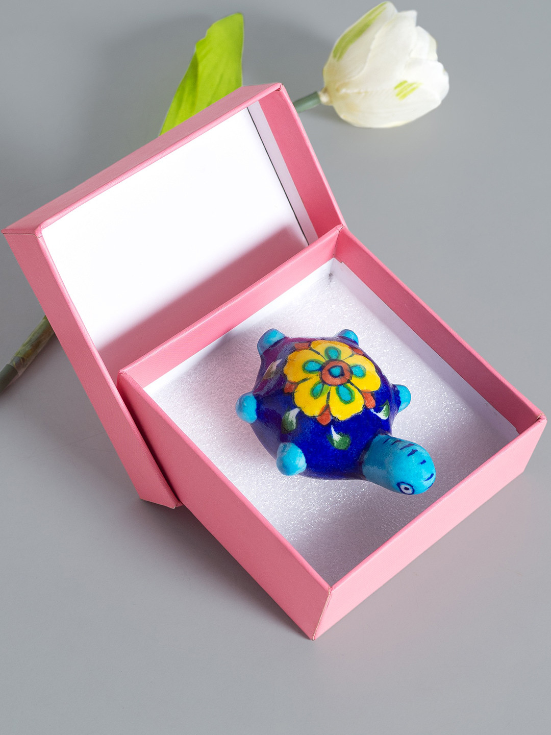 

Golden Peacock Blue & Yellow Hand Painted Ceramic Curio Tortoise Showpiece