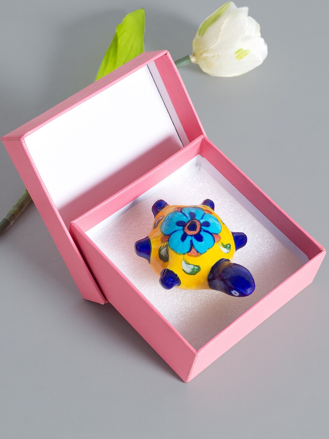 

Golden Peacock Blue & Yellow Hand Painted Ceramic Tortoise Decorative Showpiece