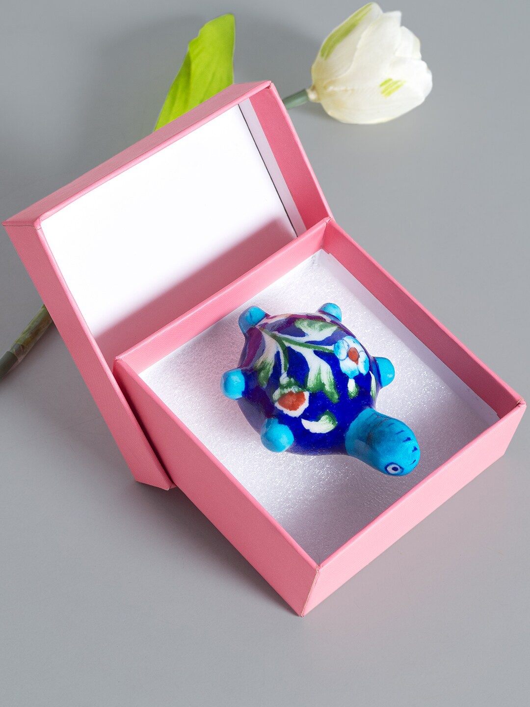 

Golden Peacock Blue Hand Painted Ceramic Tortoise Decorative Showpiece