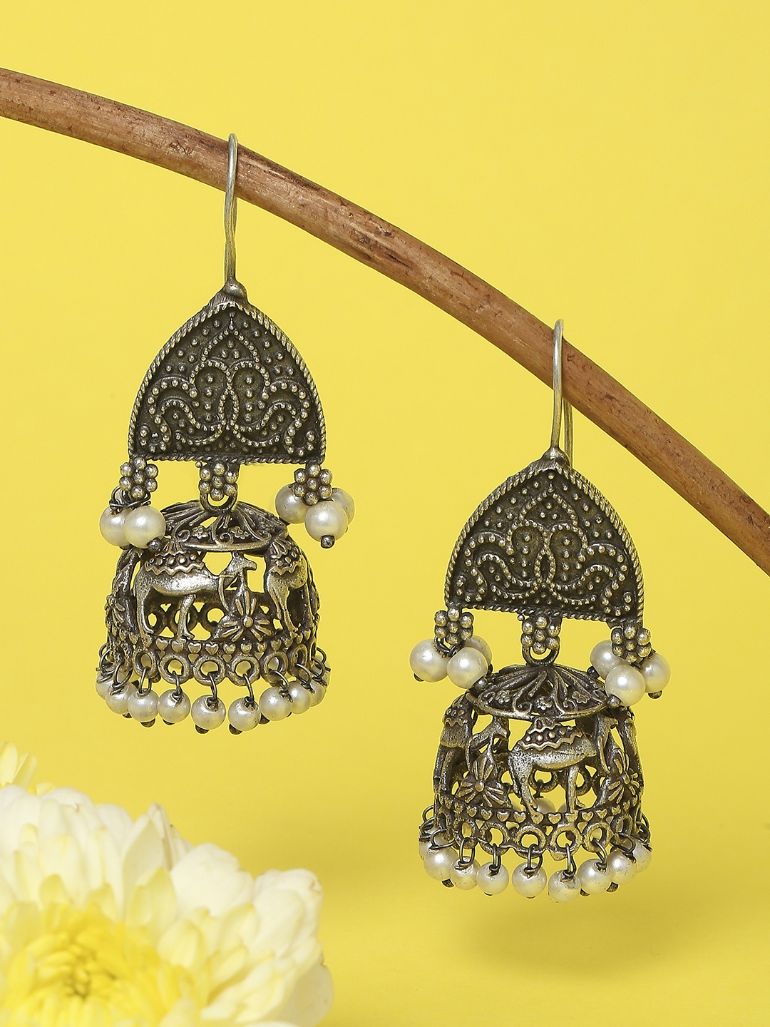 

OOMPH Dome Shaped Camel Design Ethnic Oxidised Jhumkas Earrings, Silver