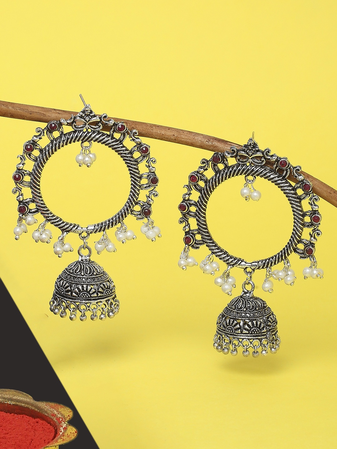 

OOMPH Silver-Toned Oxidised Contemporary Jhumkas Earrings