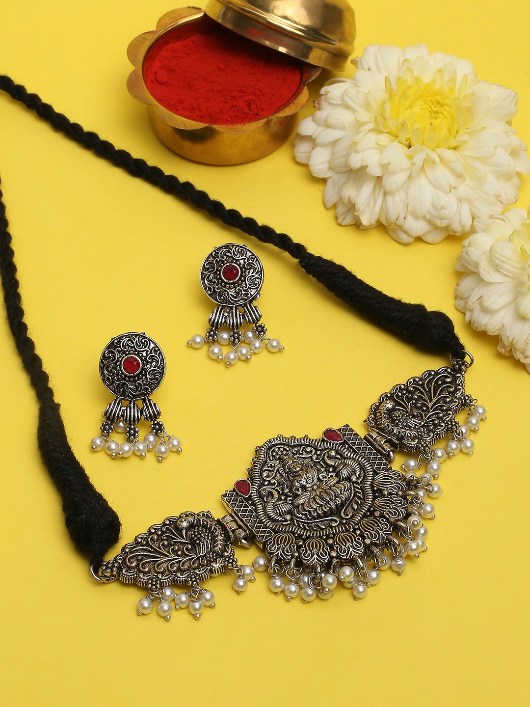 

OOMPH Silver-Plated Oxidised Maroon Stones Laxmi Temple Choker Necklace with Drop Earrings