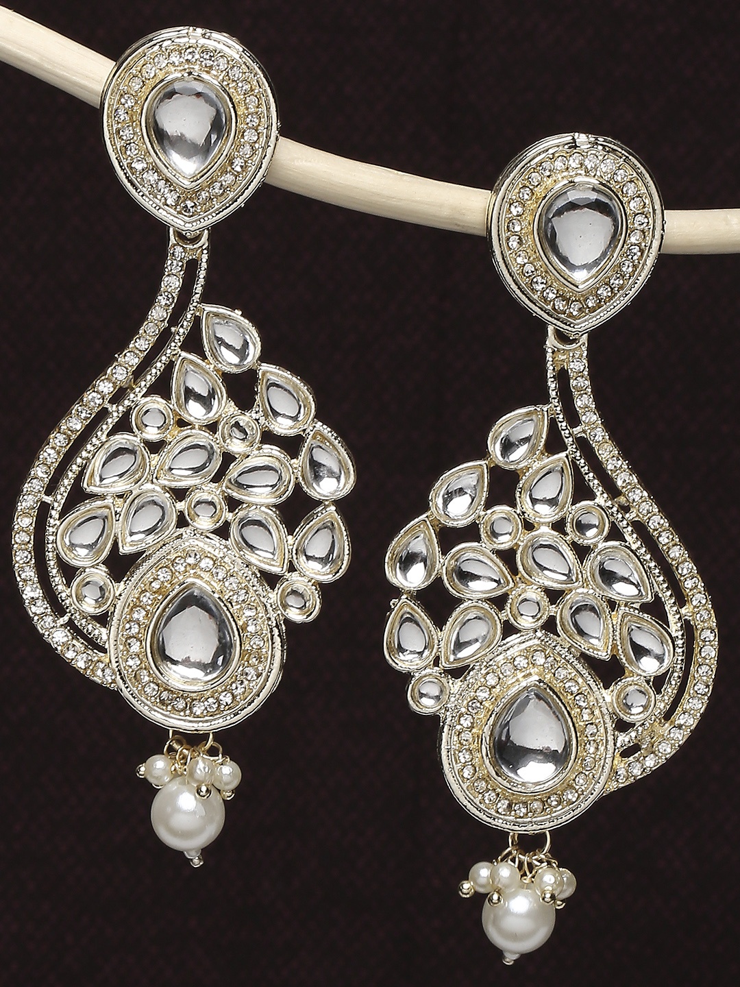 

OOMPH Gold-Toned Kundan & Pearls Peacock Shaped Ethnic Large Drop Earrings