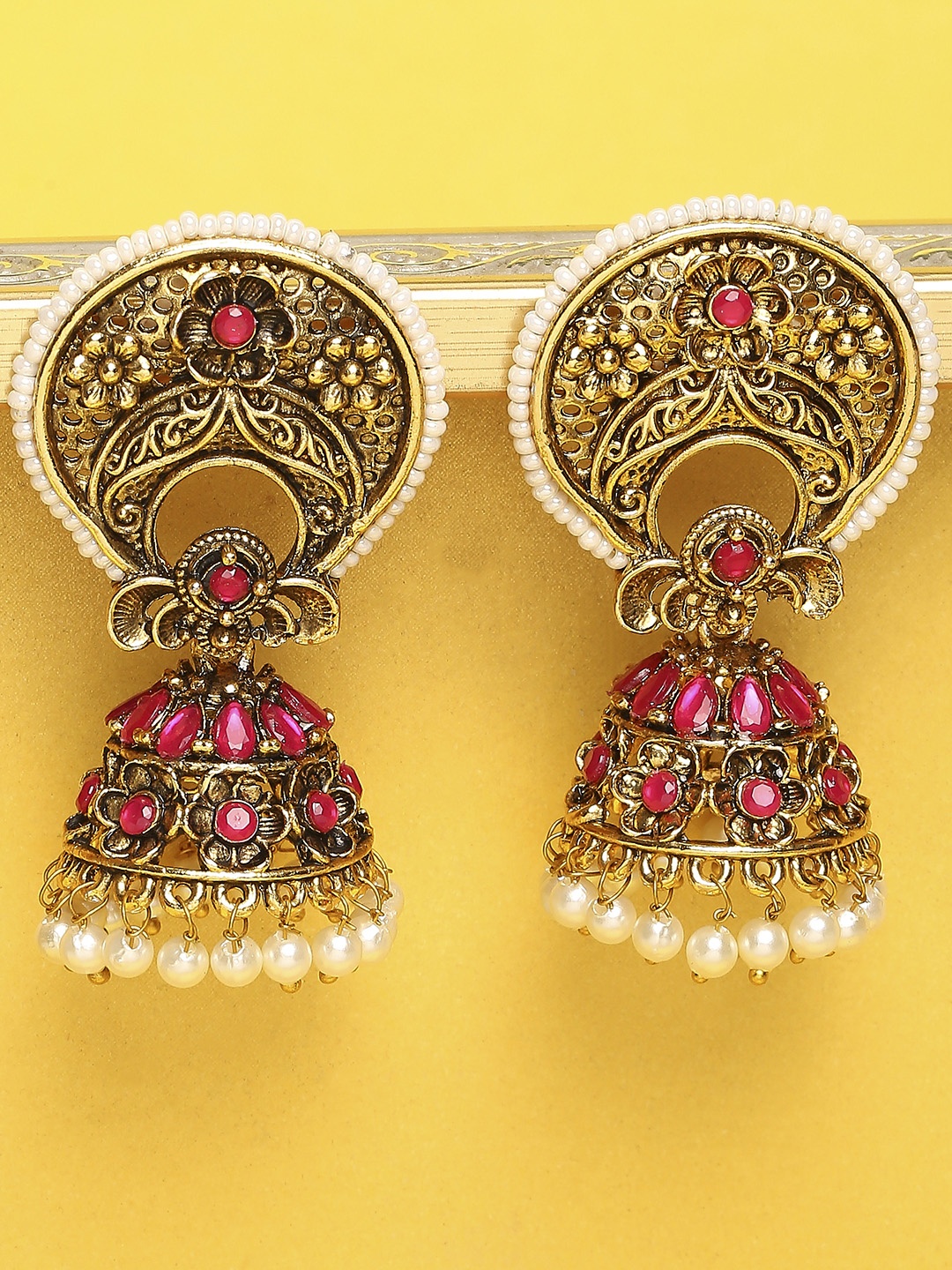 

OOMPH Gold-Toned Pink & White Stone & Pearls Jhumkas Earrings