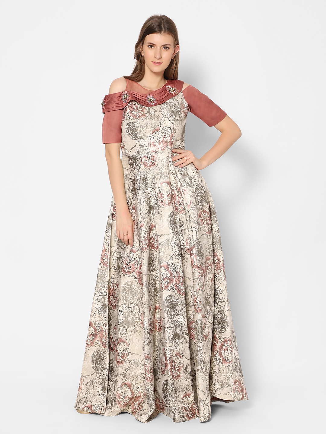 

Kiya Off-White & Dusty Rose Pink Floral Print Ethnic Maxi Dress