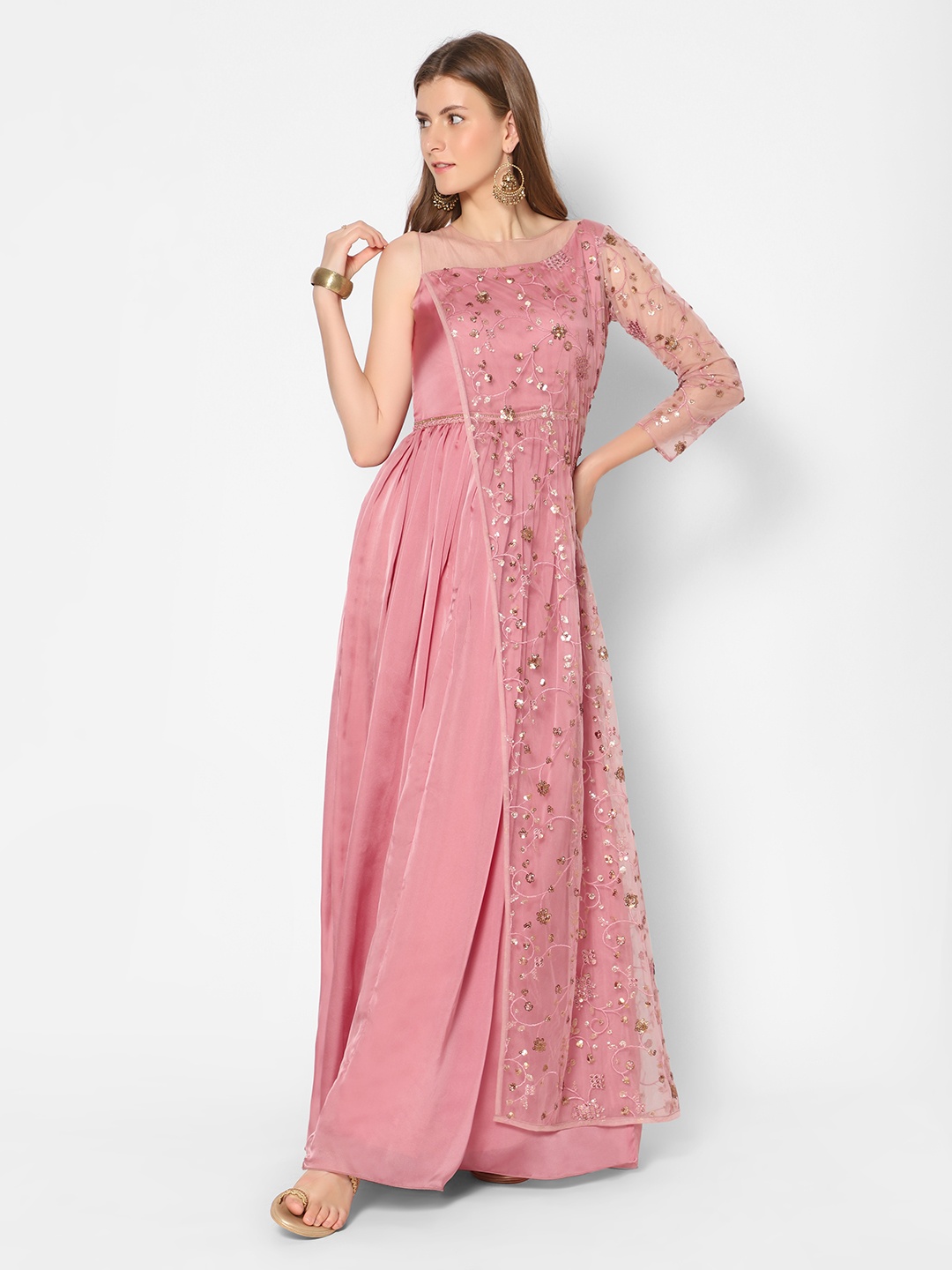 

Kiya Pink & Gold-Toned Embellished Embroidered Net A-Line Maxi Dress