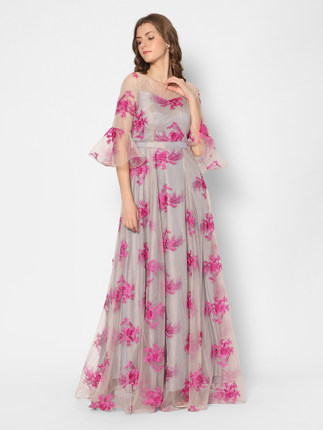 

Kiya Grey & Pink Floral Embroidered Dress