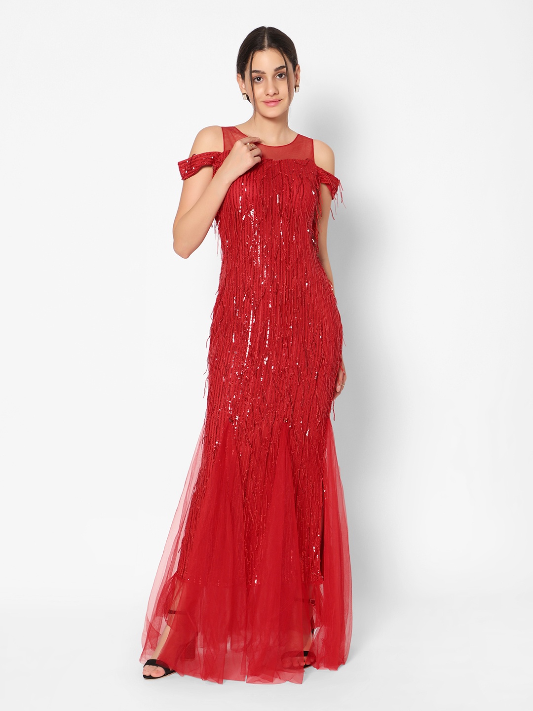 

Kiya Red Embellished Net Maxi Dress