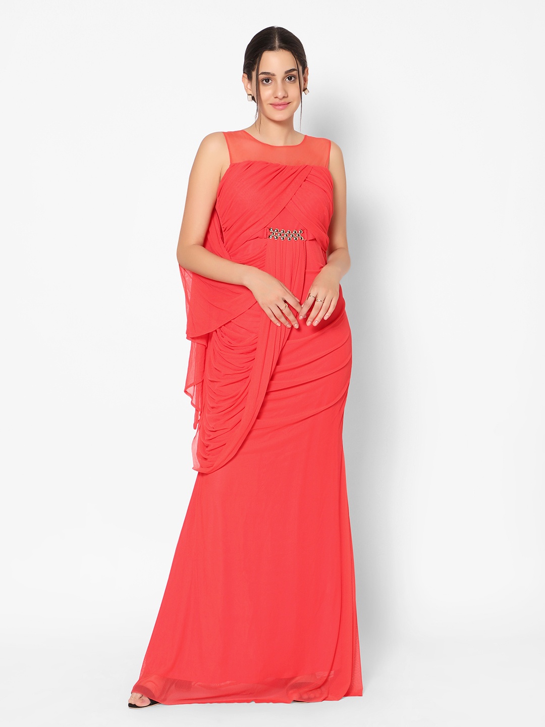 

Kiya Red Solid Net Drape Gown with Metallic Detail