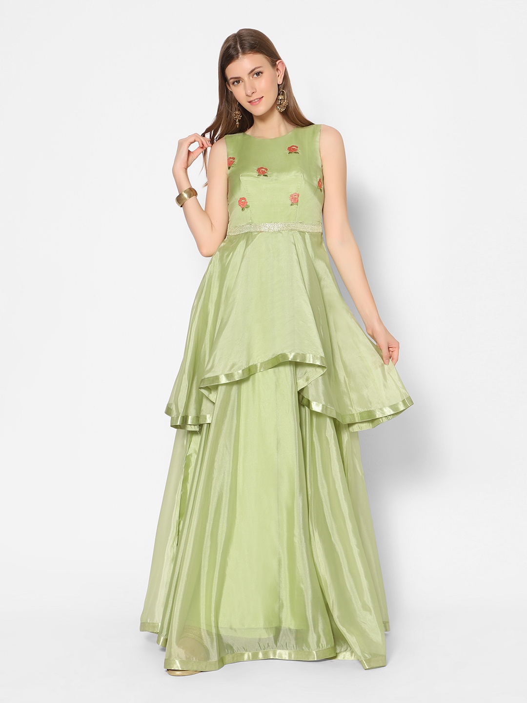 

Kiya Green Solid Layered Ethnic Maxi Dress