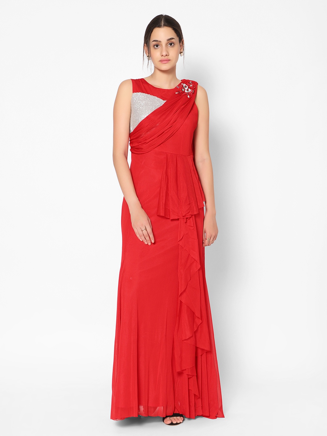 

Kiya Red & Silver-Toned Embellished Crepe Maxi Dress