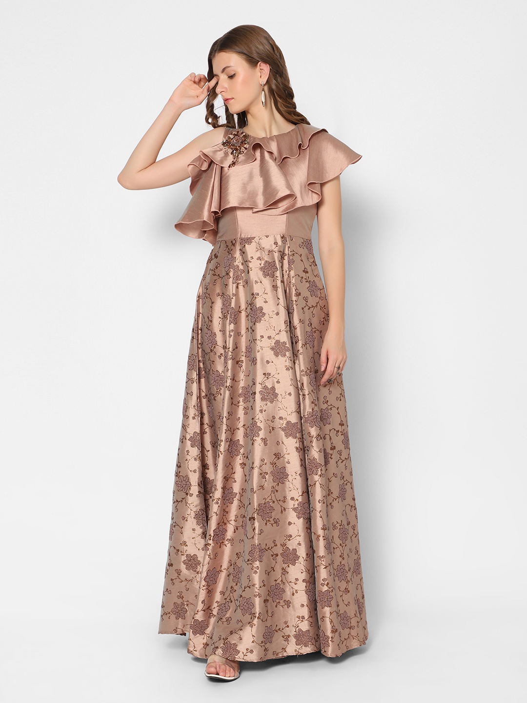 

Kiya Beige Floral A-Line Maxi Dress