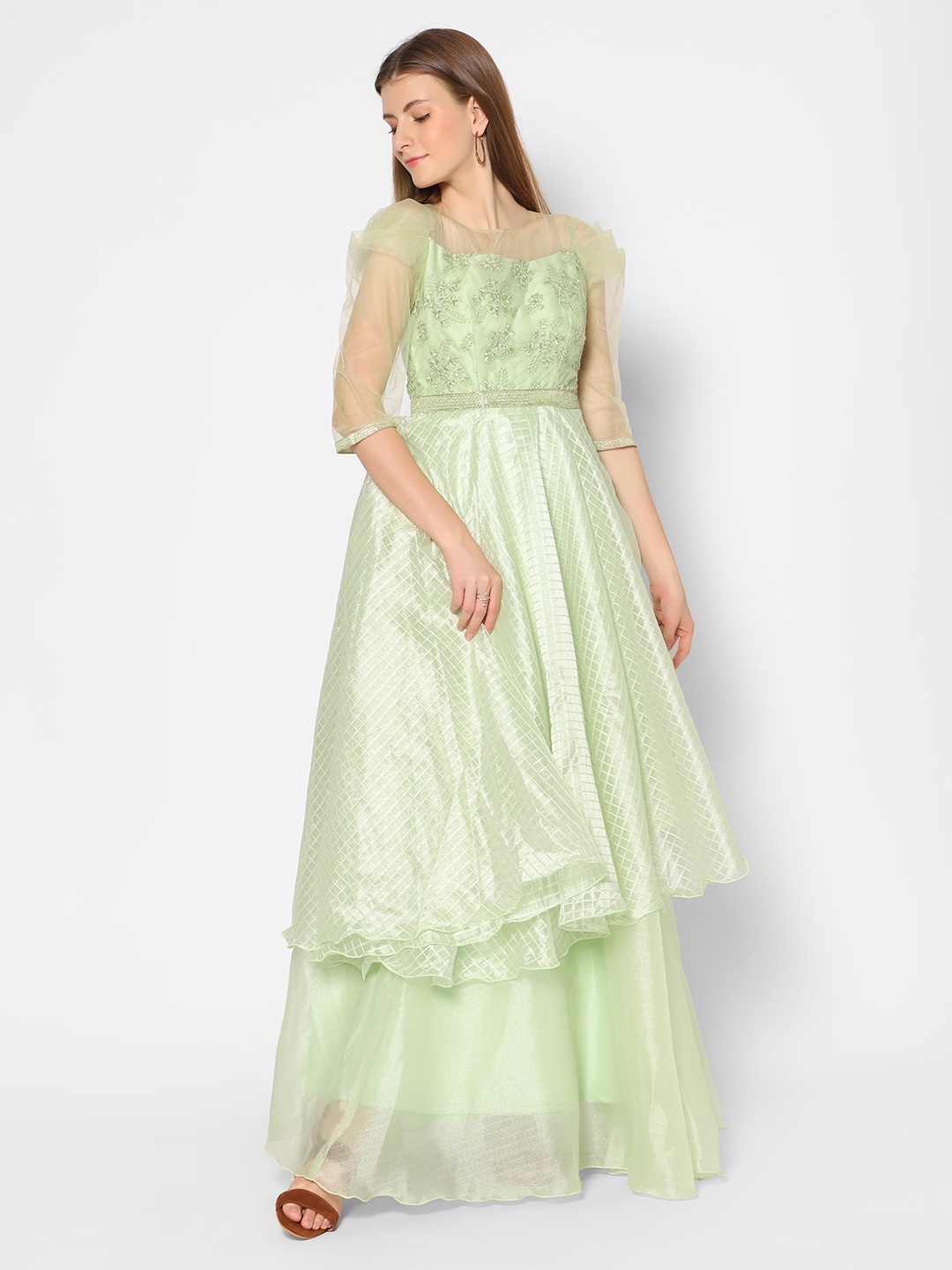 

Kiya Pastel Green Floral Embroidered Dress