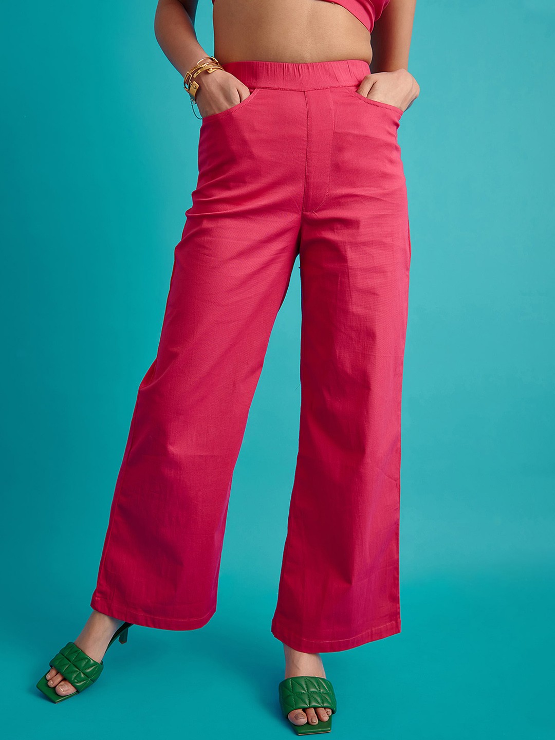 

THE CLOTHING FACTORY Women Pink Straight Fit High-Rise Trousers