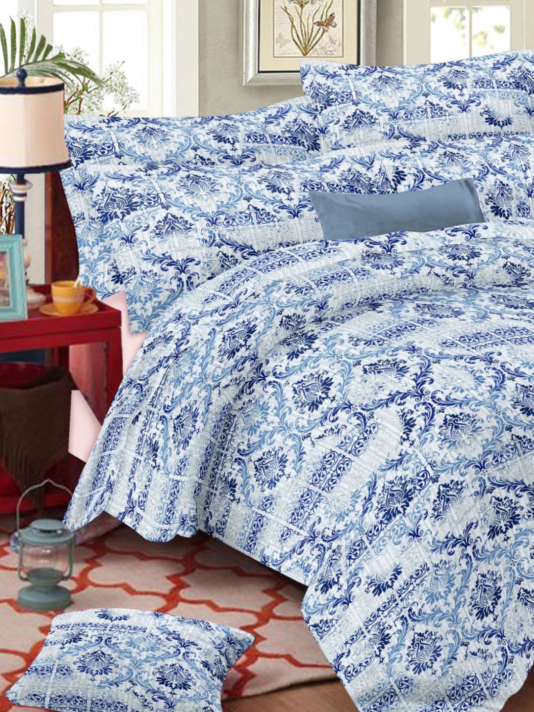 

Sleeping Owls- because your sleep matters Floral 186 TC King Bedsheet with 2 Pillow Covers, Blue