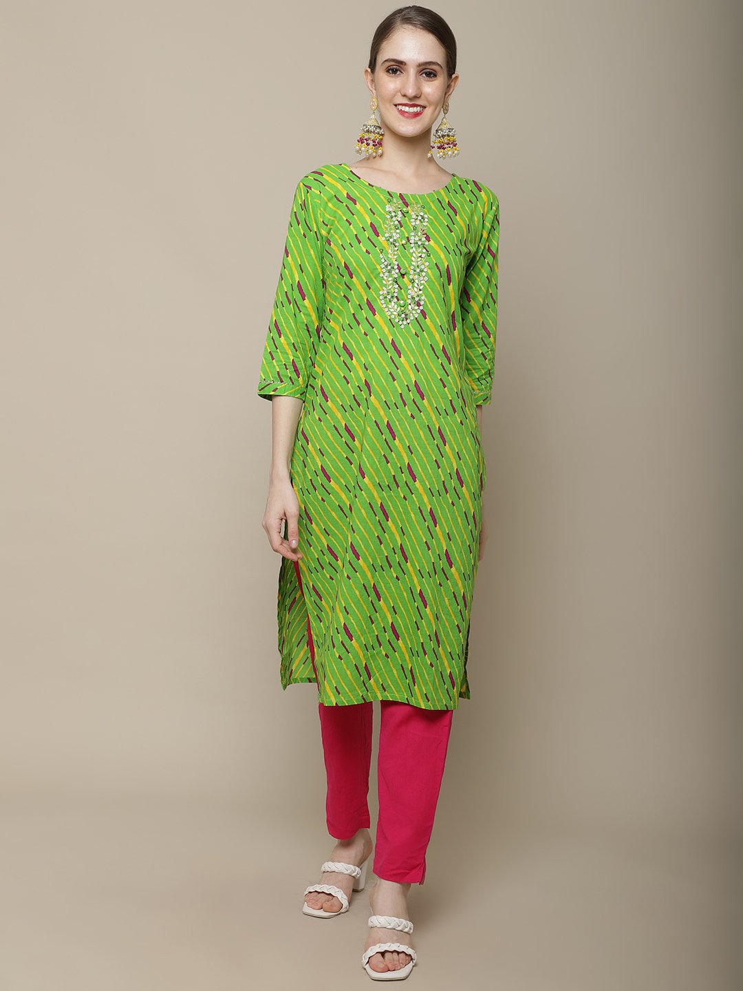 

Sangria Women Green & Pink Striped Printed Cotton Kurta