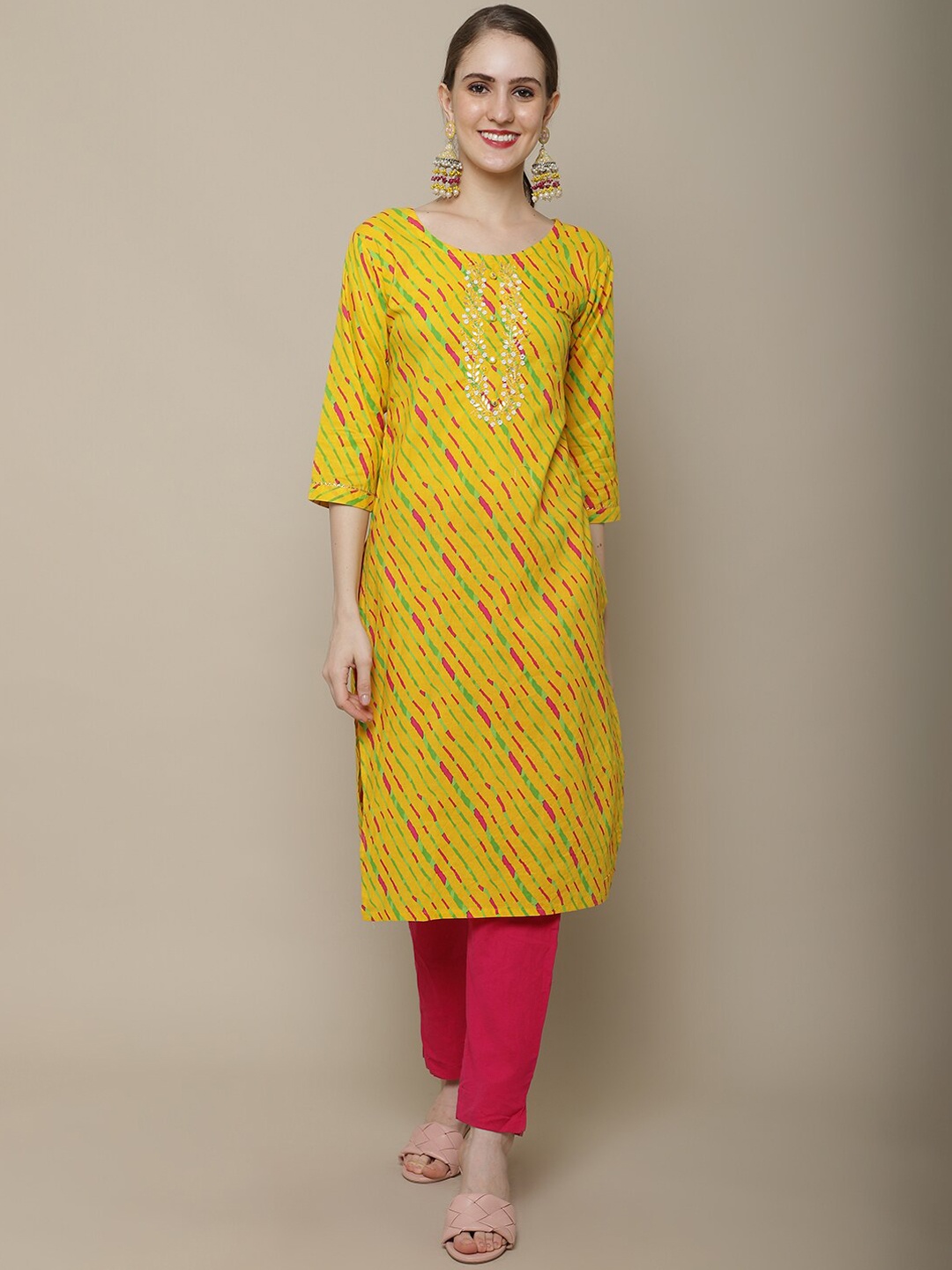 

Sangria Women Yellow And Pink Leheriya Embroidered Yoke Design Cotton Straight Kurta