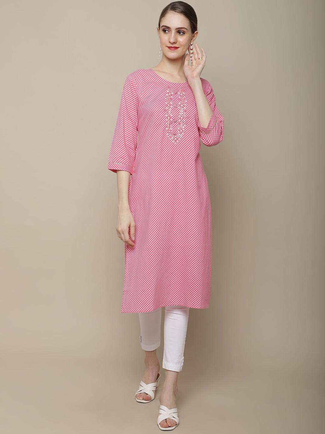 

Sangria Women Pink & White Checked Yoke design Thread Work Kurta