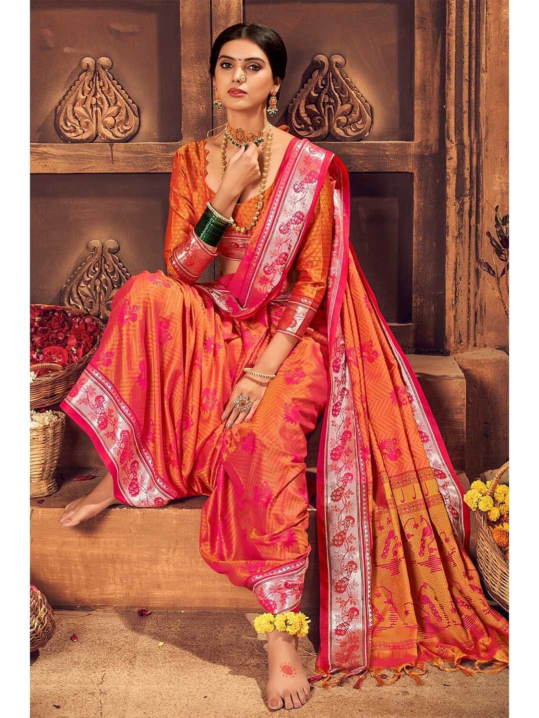 

KARAGIRI Orange & Pink Woven Design Art Silk Saree