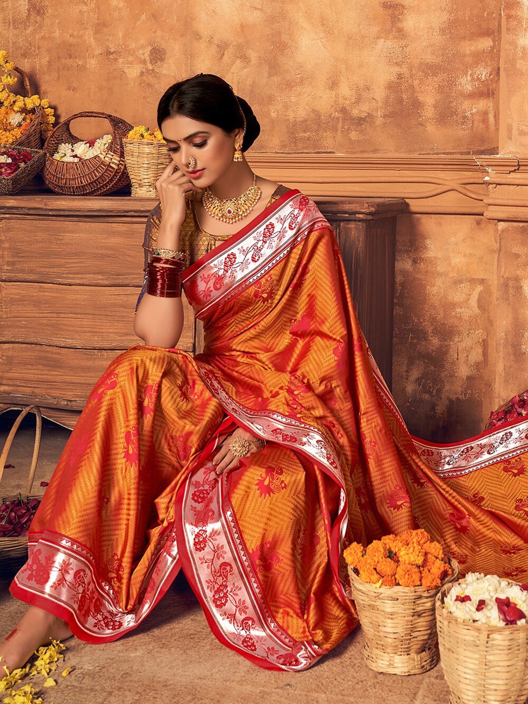 

KARAGIRI Orange & Red Woven Design Zari Art Silk Saree