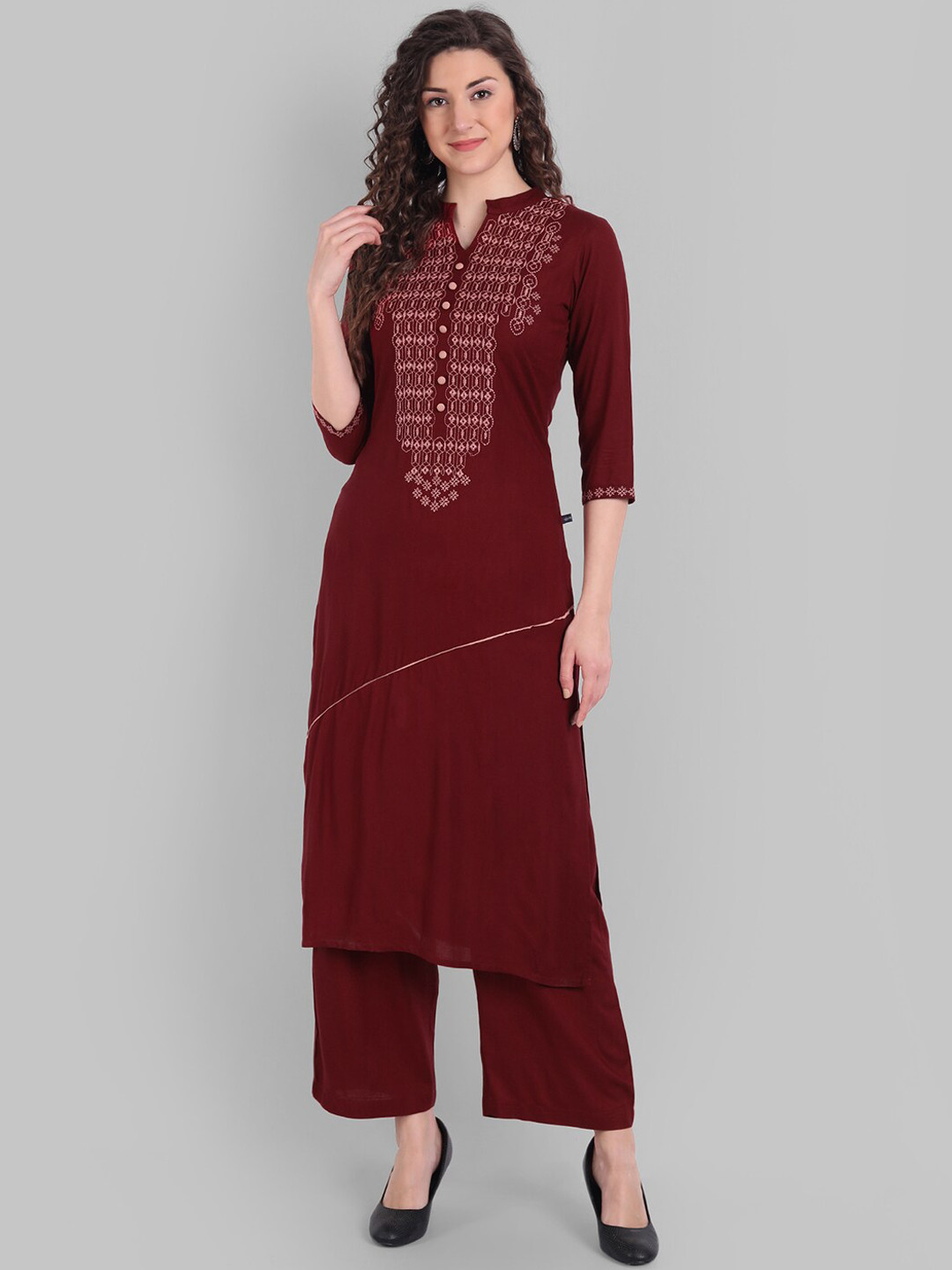 

githaan Women Maroon Yoke Design Thread Work Kurta with Palazzo Set