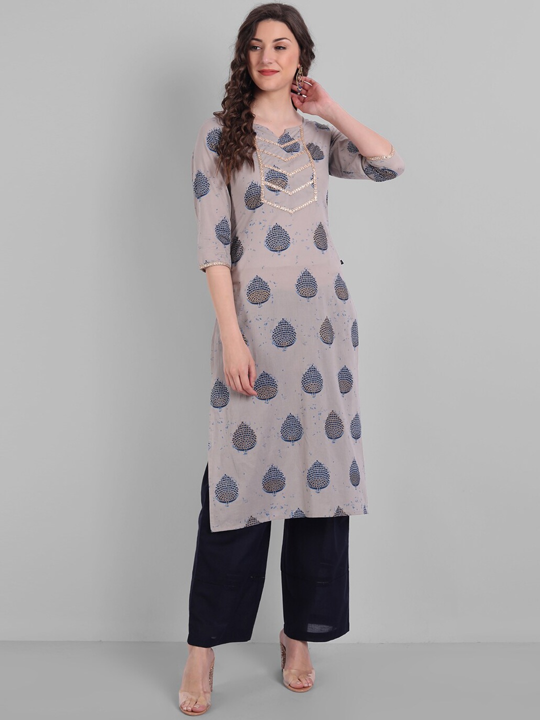 

githaan Women Grey Block Print Pure Cotton Straight Kurta with Palazzos