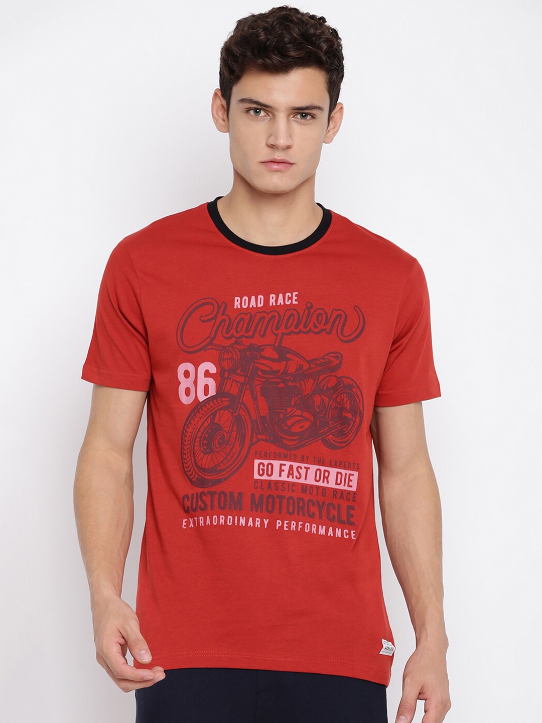 

abof Men Red Biker Printed Short Sleeves Round Neck T-shirt