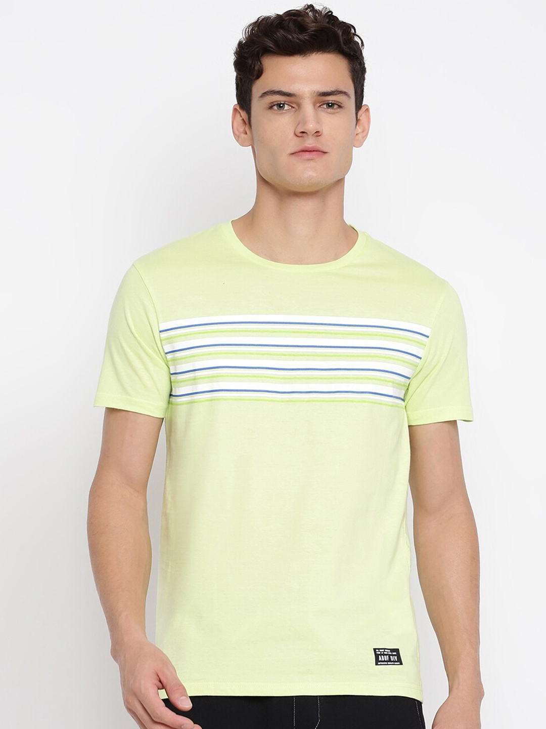 

abof Men Lime Green Printed Striped Short Sleeves Round Neck T-shirt