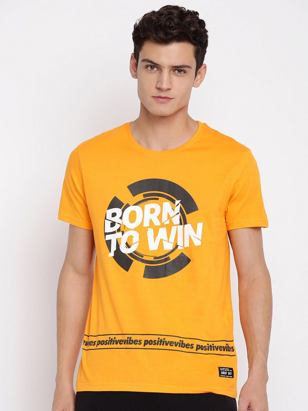 

abof Men Yellow Typography Printed Short Sleeves Round Neck T-shirt