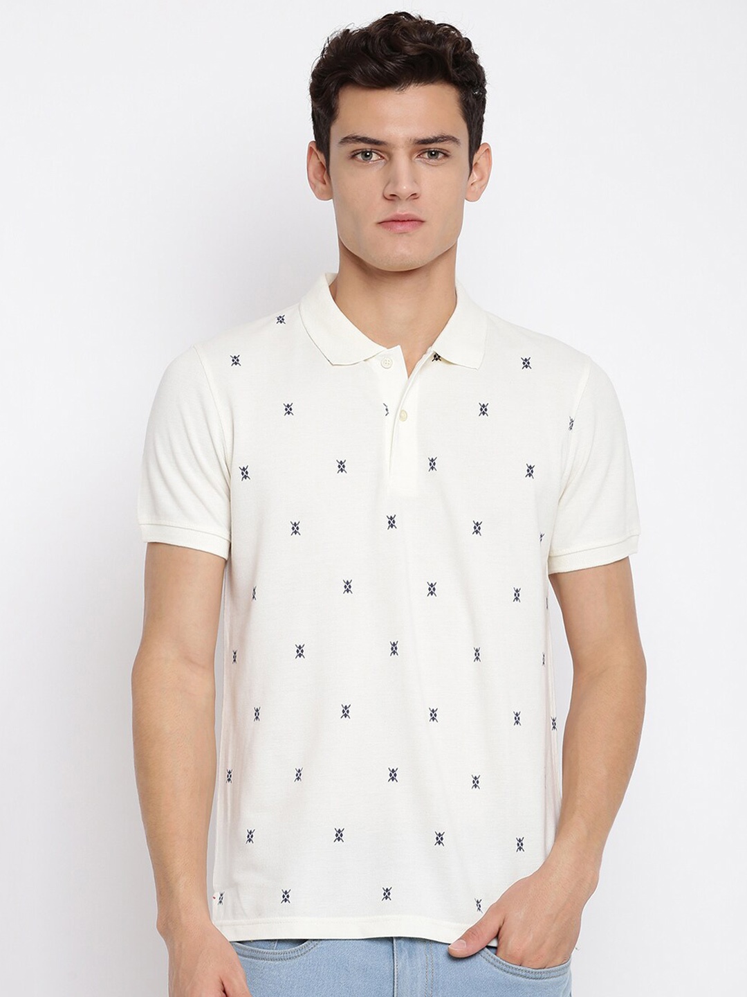 

abof Men White Printed Conversational Polo Collar Short Sleeves T-shirt