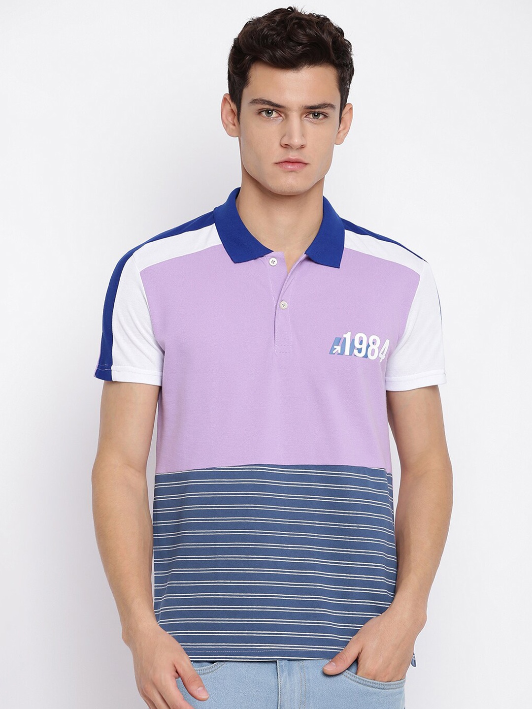 

abof Men Lavender Striped Polo Collar Short Sleeves T-shirt