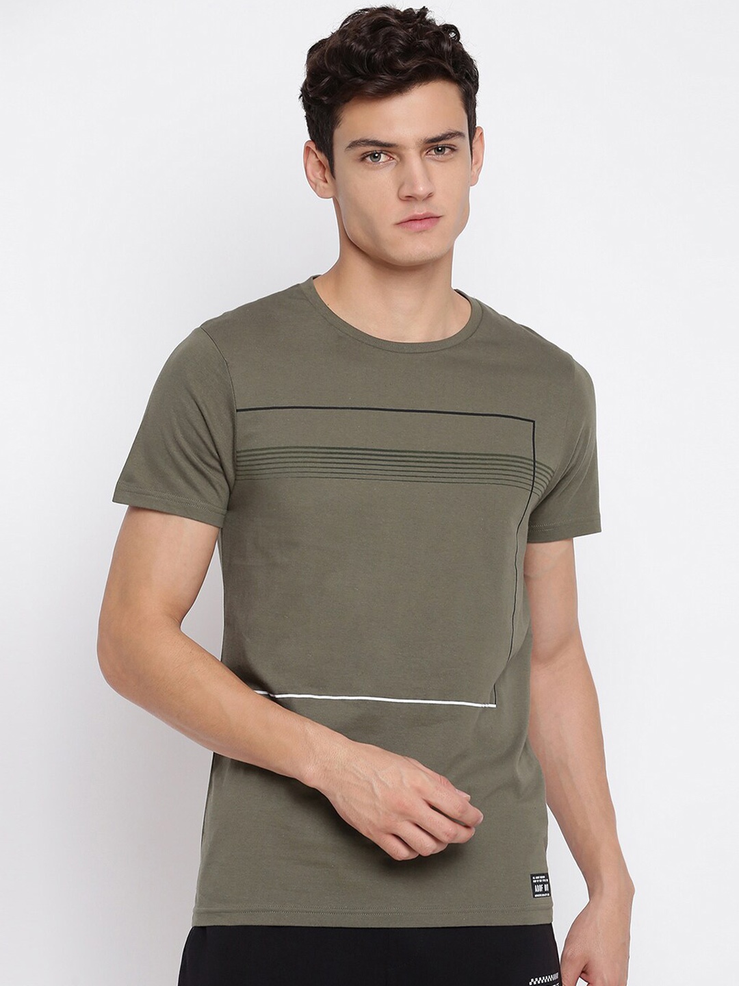 

abof Men Olive Green Striped Round Neck Short Sleeves T-shirt