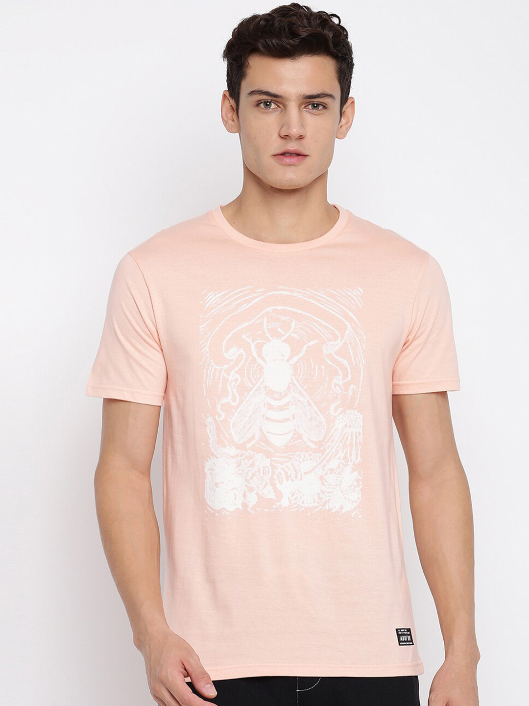 

abof Men Pink Printed Round Neck Short Sleeves T-shirt