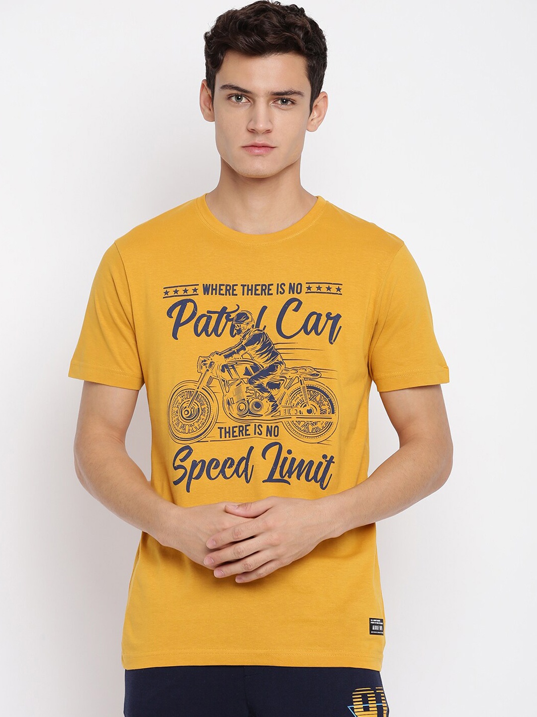 

abof Men Mustard Yellow Biker Printed Round Neck Short Sleeves T-shirt