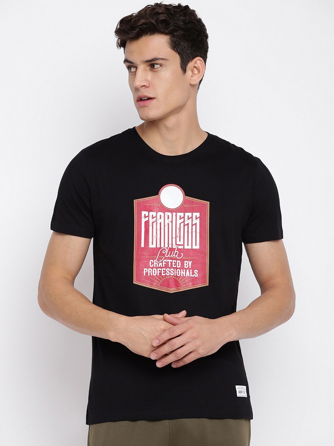 

abof Men Black Printed Round Neck Short Sleeves T-shirt
