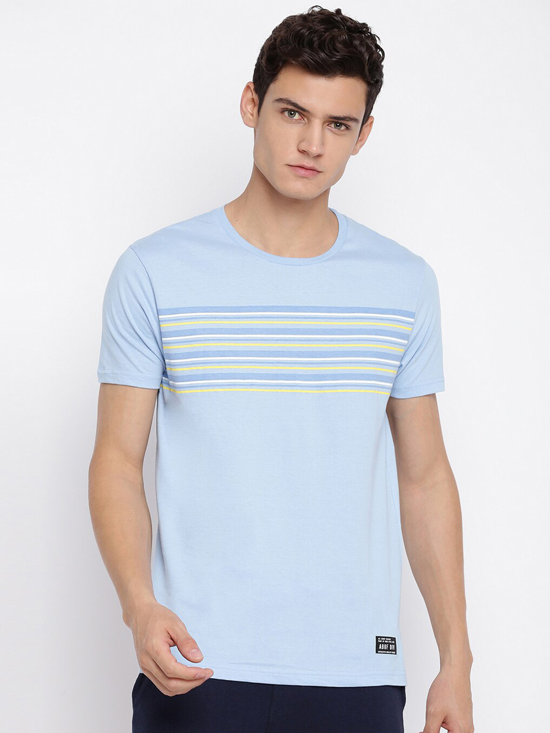

abof Men Blue Printed Striped Round Neck Short Sleeves T-shirt