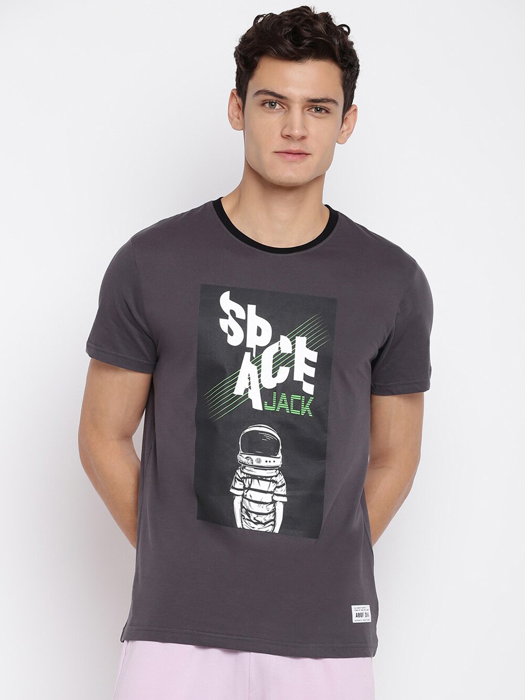

abof Men Charcoal Printed Round Neck Short Sleeves T-shirt